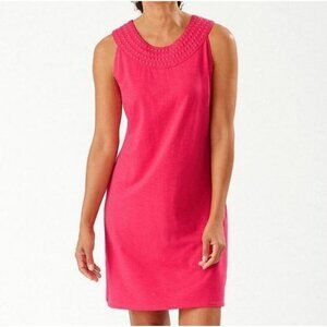 Tommy Bahama Large Womens Embroidered Neck Knit Shift Pink Dress Summer Beach